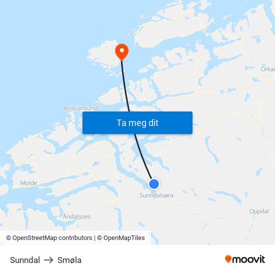 Sunndal to Smøla map