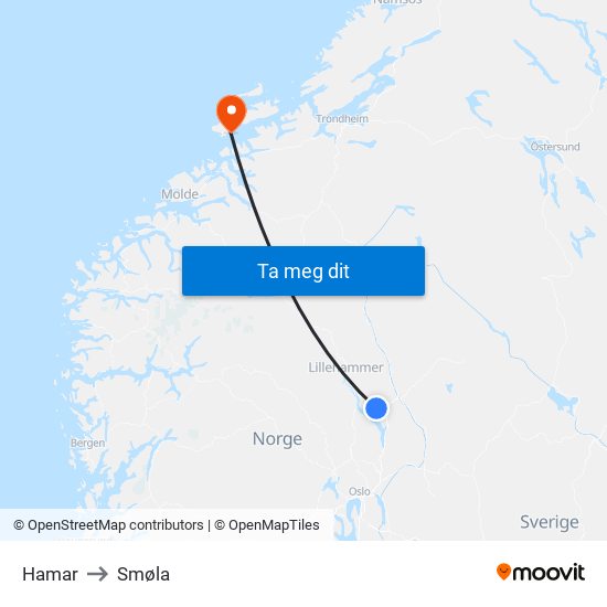 Hamar to Smøla map