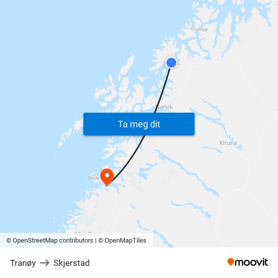 Tranøy to Skjerstad map