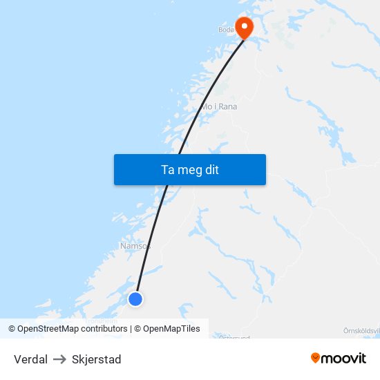 Verdal to Skjerstad map