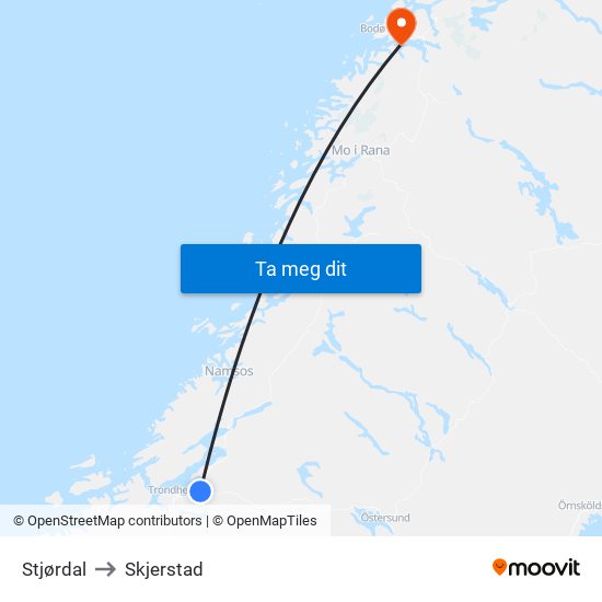 Stjørdal to Skjerstad map