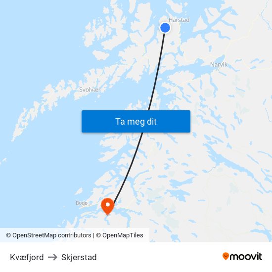 Kvæfjord to Skjerstad map