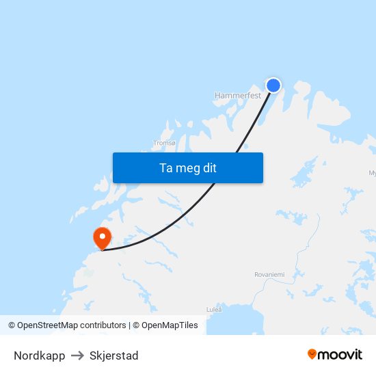 Nordkapp to Skjerstad map