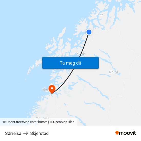 Sørreisa to Skjerstad map