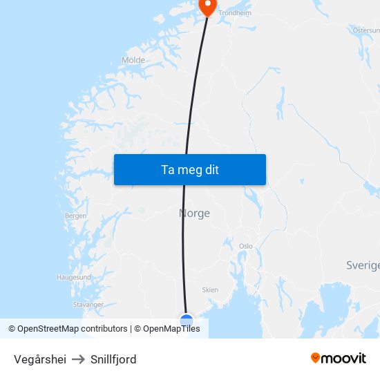 Vegårshei to Snillfjord map