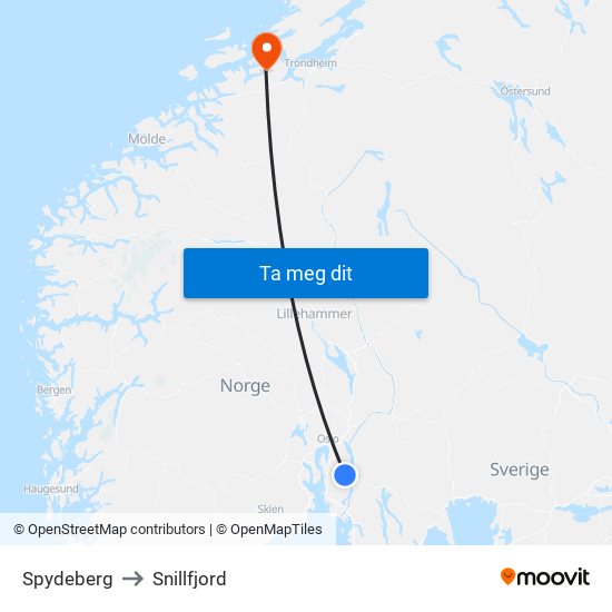 Spydeberg to Snillfjord map