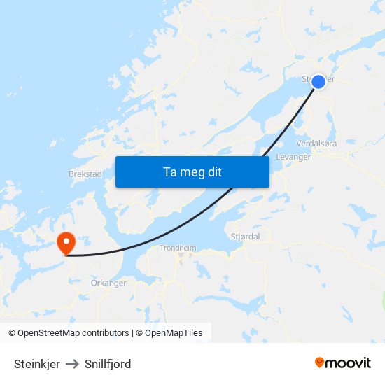 Steinkjer to Snillfjord map