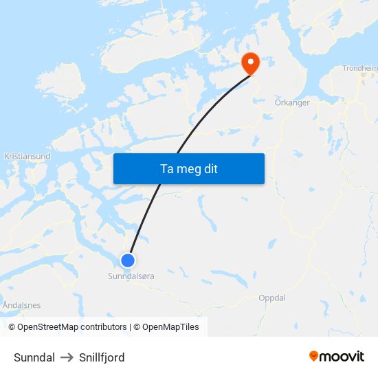 Sunndal to Snillfjord map