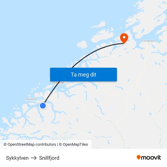 Sykkylven to Snillfjord map