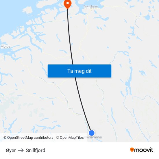 Øyer to Snillfjord map