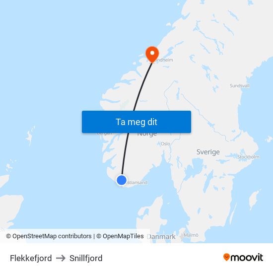 Flekkefjord to Snillfjord map