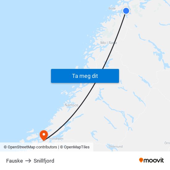 Fauske to Snillfjord map