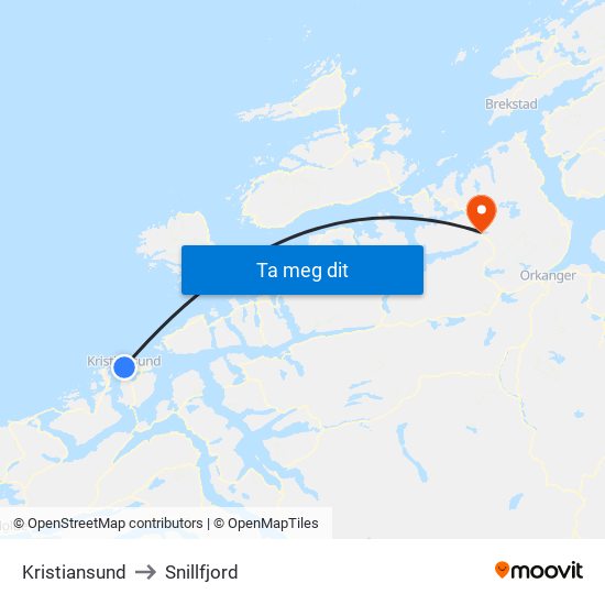Kristiansund to Snillfjord map