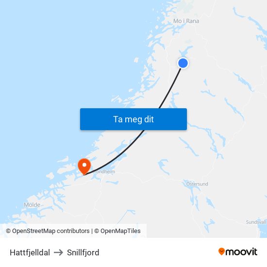 Hattfjelldal to Snillfjord map