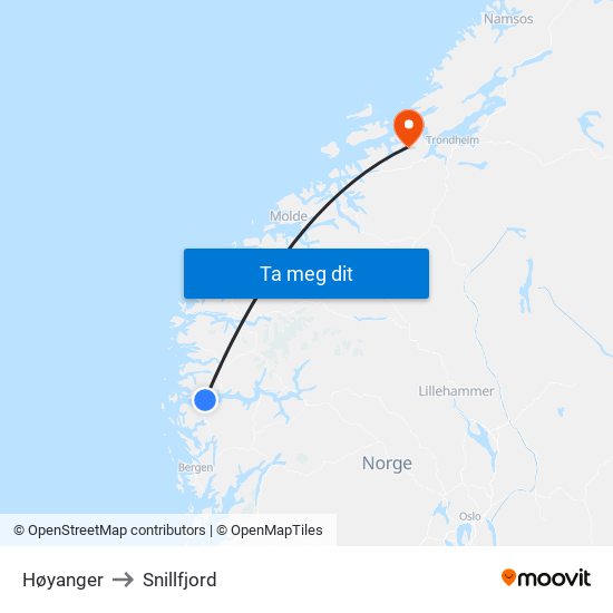 Høyanger to Snillfjord map