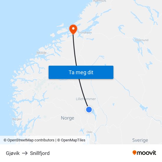 Gjøvik to Snillfjord map