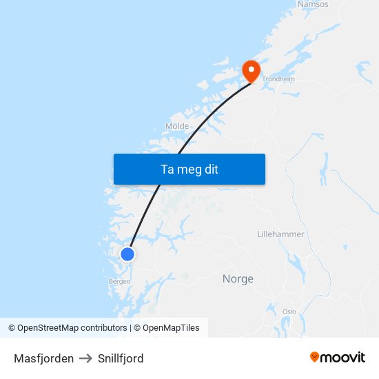 Masfjorden to Snillfjord map