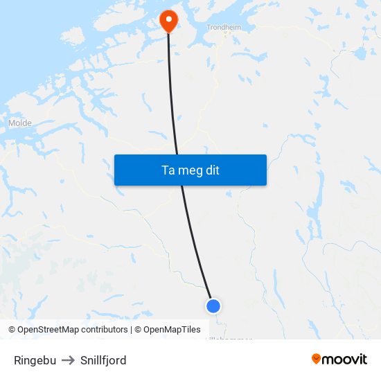 Ringebu to Snillfjord map