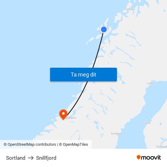 Sortland to Snillfjord map