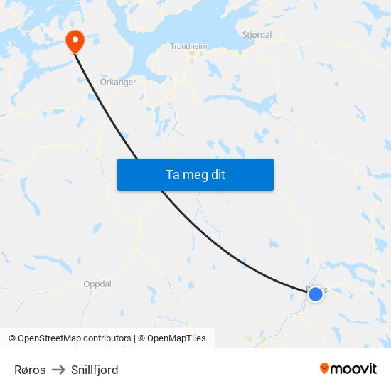 Røros to Snillfjord map