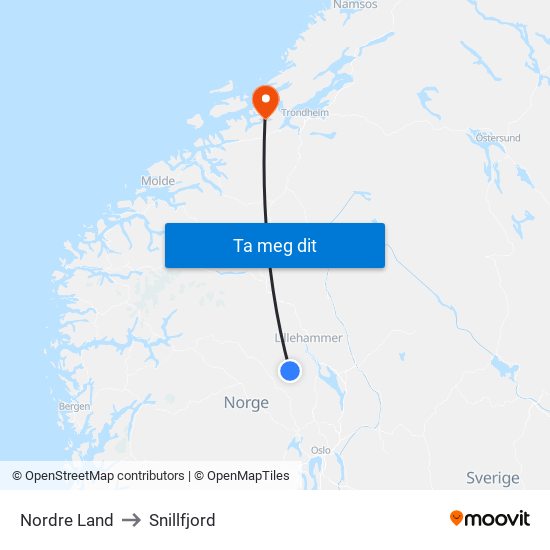 Nordre Land to Snillfjord map