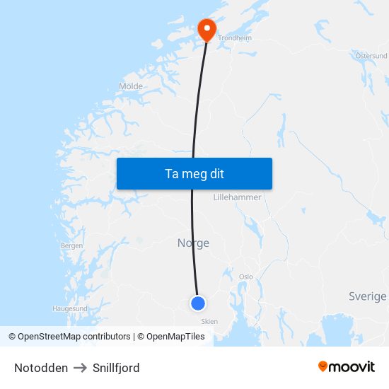 Notodden to Snillfjord map