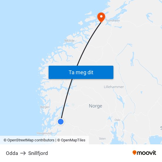 Odda to Snillfjord map