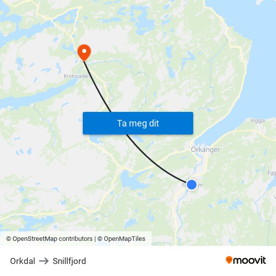 Orkdal to Snillfjord map