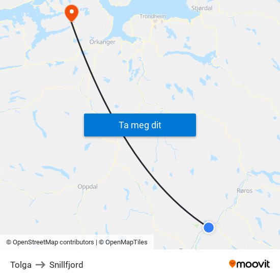 Tolga to Snillfjord map