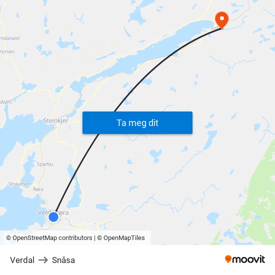 Verdal to Snåsa map