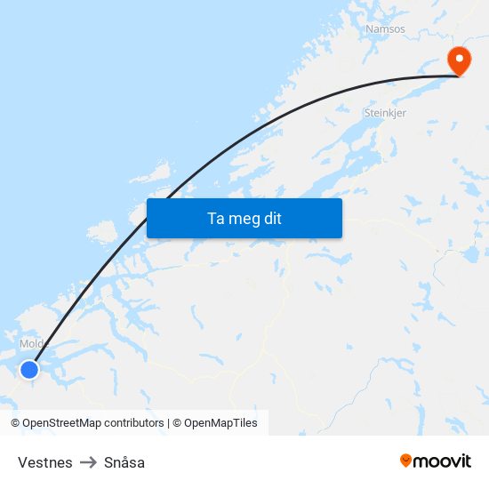 Vestnes to Snåsa map