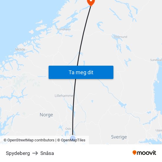 Spydeberg to Snåsa map
