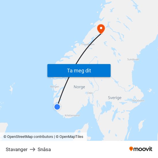 Stavanger to Snåsa map