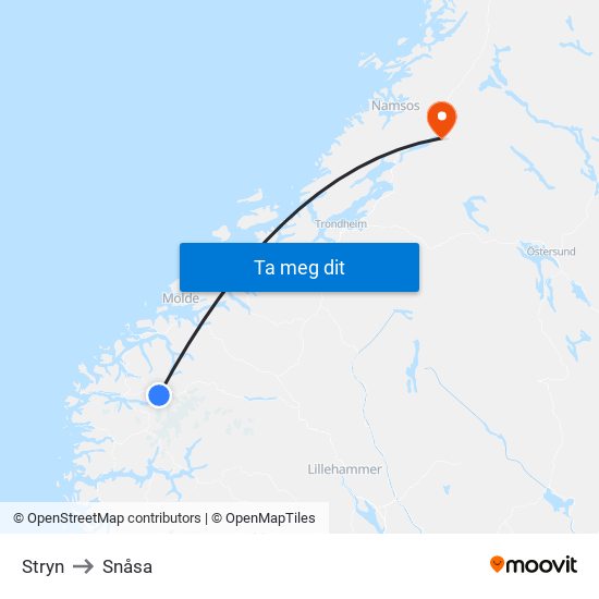 Stryn to Snåsa map