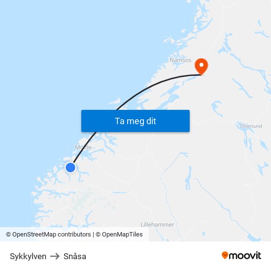 Sykkylven to Snåsa map