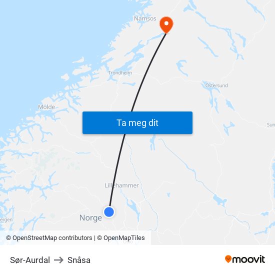 Sør-Aurdal to Snåsa map