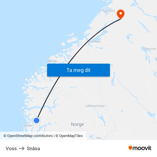 Voss to Snåsa map