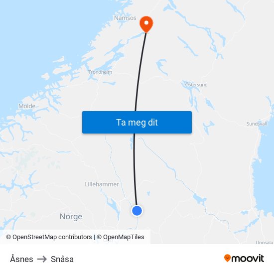 Åsnes to Snåsa map