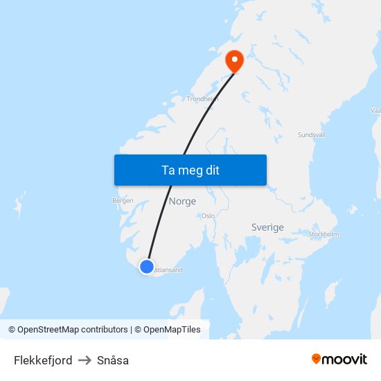 Flekkefjord to Snåsa map
