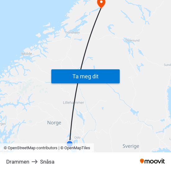 Drammen to Snåsa map