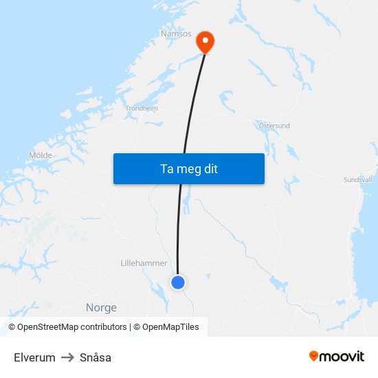 Elverum to Snåsa map