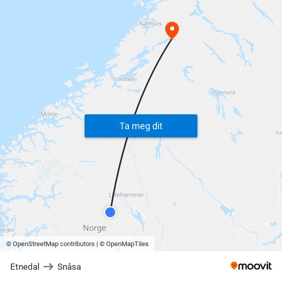 Etnedal to Snåsa map