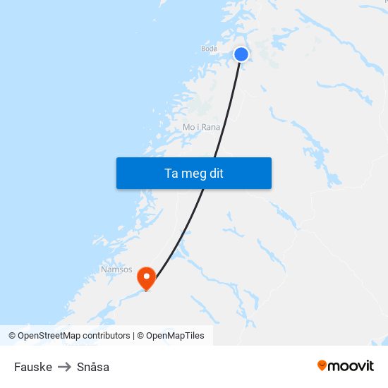 Fauske to Snåsa map