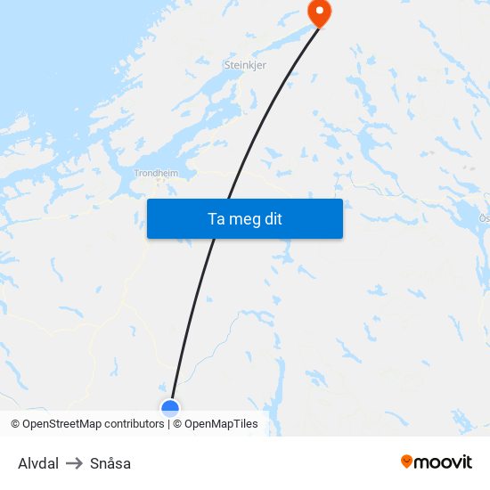 Alvdal to Snåsa map