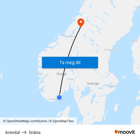 Arendal to Snåsa map