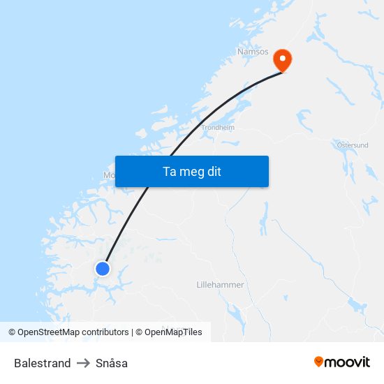 Balestrand to Snåsa map