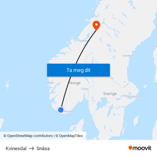 Kvinesdal to Snåsa map