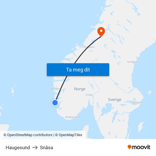 Haugesund to Snåsa map