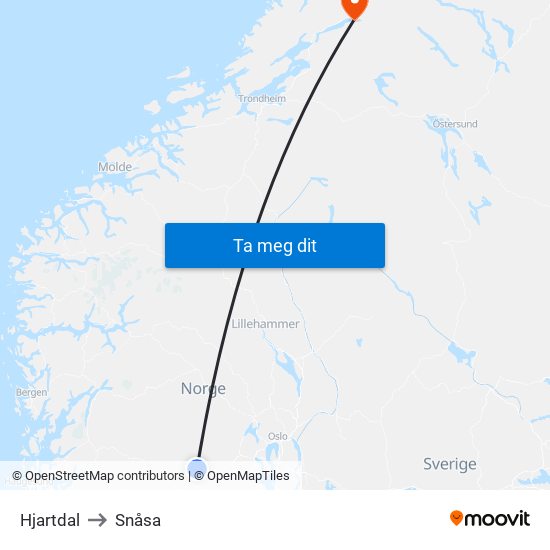 Hjartdal to Snåsa map