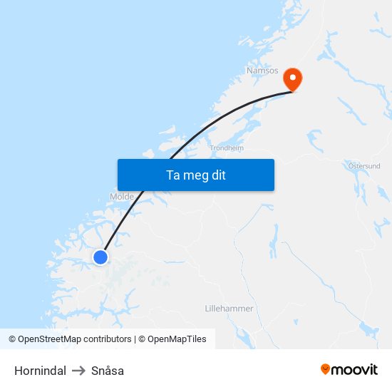 Hornindal to Snåsa map